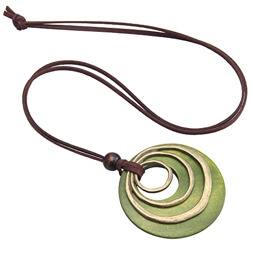 PU Leather Necklace Vintage Boho Style Multilayer Pendant Long Sweater Necklace Jewelry for Women Men with Adjustable Leather Cord - color: Green Wooden Pendant Necklaces