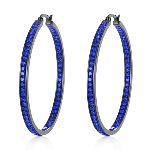 CiNily Mult-colors Crystal Stainless Steel Hoop Earring for Women Hypoallergenic Jewelry for Sensitive Ears Large Big Hoop Earrings 2" - color: Black Gold-Dark Blue