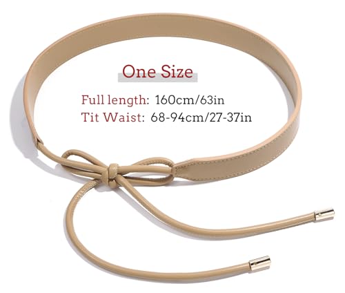Women PU Leather Tie Waist Belts Knotted Thin Skinny Rope Waistband - color: Khaki
