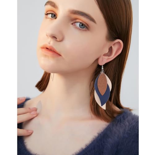 ANXIN boho unique Leather Earrings 2 Layered Lightweight Faux Leather Leaf Earrings Layered Design Drop Earrings Gift for Women - color: Style B
