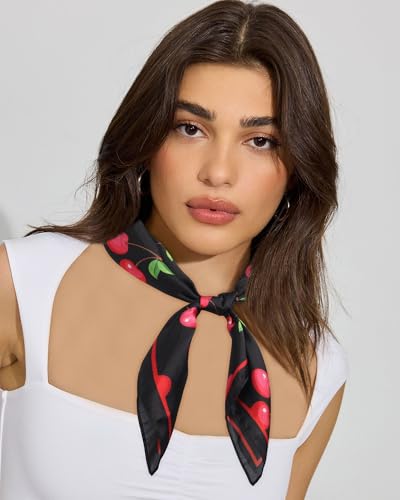 AWAYTR 27.5” Square Satin Head Scarf Hair Scarf for Women's Hair Silk Bandana for Women Silk Head Wrap for Sleeping - color: Black+cherry
