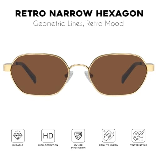 mosanana Trendy Retro Hexagon Sunglasses for Women Metal MS52593 - color: C2 Gold/Brown