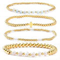 4pcs Gold Beaded Pearl Bracelets Set for Women Multi Layer Versatile Stackable Stretch Cuff Sparkly Stone Crystal Gemstone Jewelry Birthday Gifts - color: Amazonite