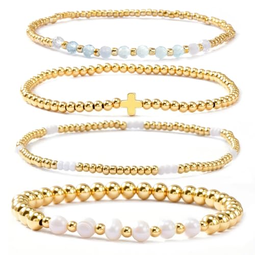 4pcs Gold Beaded Pearl Bracelets Set for Women Multi Layer Versatile Stackable Stretch Cuff Sparkly Stone Crystal Gemstone Jewelry Birthday Gifts - color: Amazonite