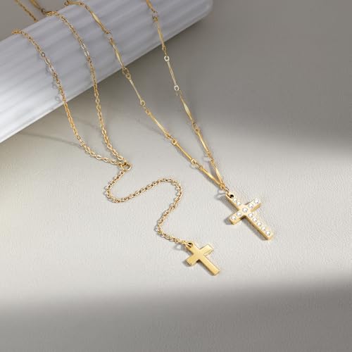 DALI Long Gold Necklaces for Women, Dainty Layered Sterling Silver Plated Y Shaped Necklace Stack Non Tarnish Cross CZ Pendant Long Chain Choker Adjustable Necklaces Jewelry for Vacation Christmas - color: Gold Cross Long Necklace