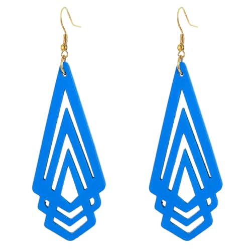 Handmade Wood Triangle Rhombus Hollow Geometric Dangle Drop Earrings Unique Presonalized Retro Gold Hook Earrings For Women - style: Light Blue