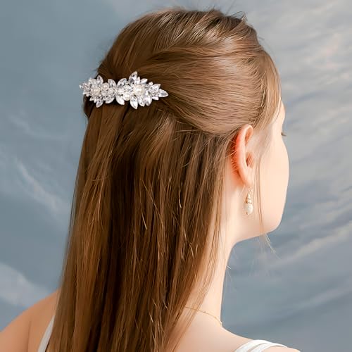 Joez Wonderful Rhinestone Hair Clip Sparkly Crystal Pearl Barrettes French Wedding Prom Engagement Pageant First Communion Hair Decorative Accessories for Women Girls Bride Thick Long Hair - color: Pearl