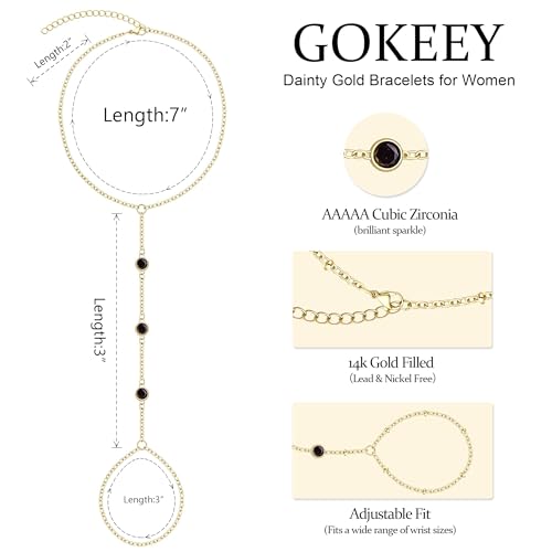 Gokeey Gold Hand Chain Bracelet for Women Trendy, Dainty 14k Gold Plated Ring Bracelet Hand Chain Finger Ring Slave Cuff Bracelet Cubic Zircon Hand Jewelry for Women Accessories - style: 3cz hand chain-Black