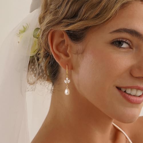 Gold Plated Freshwater Pearl Dainty Earrings for Women Dangle Formal 14K Plated Drop Heart Earrings Prom Wedding Long Hypoallergenic Trendy Jewelry Gifts