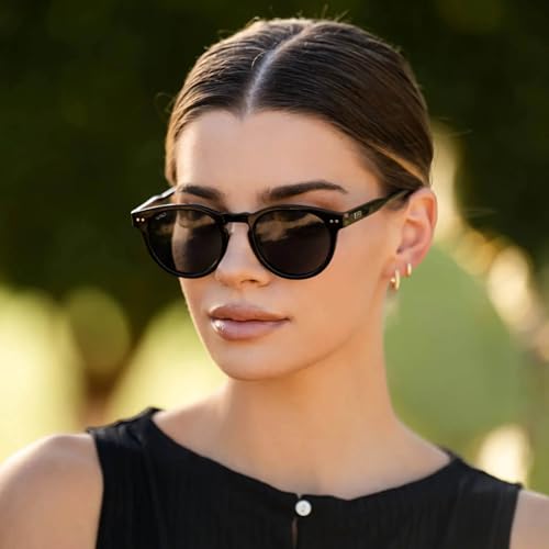 WearMe Pro Round Polarized Sunglasses for Women - Retro Classic UV400 Protection for Driving & Everyday Wear - color: Black Frame / Smoke Lens