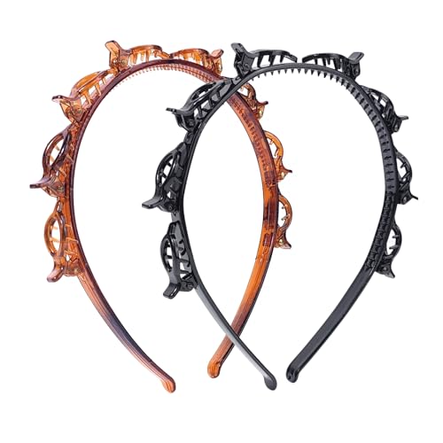 2 Pack Clip Headband for Twisty Bangs, 90s Hair Accessories for Women with 8 Mini Clips, Braided Hair Clip Headbands for Y2K Fashion Styling, Black and Brown