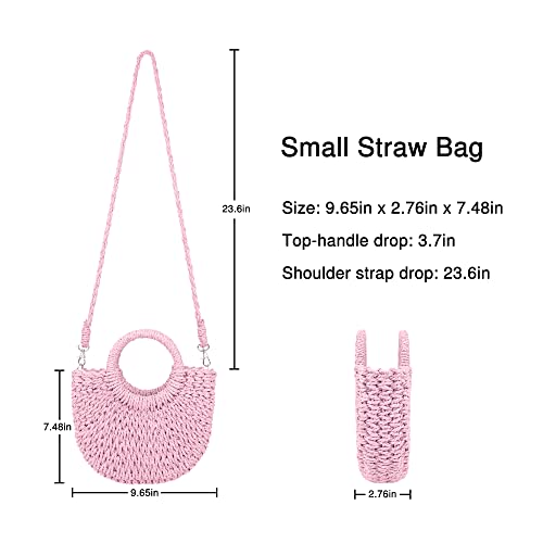 Womens Straw Beach Bag Woven Crossbody Shoulder Bags Top Handle Satchel Handbag Purse for Summer - color: Pink