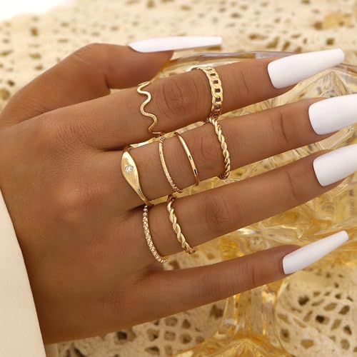 FAXHION 24-60 Pcs Gold Stackable Rings for Women, Knuckle Rings Chunky Gold Ring Set Dainty Stacking Cute Rings, Multiple Sizes Cute Jewelry Set Gift - style: Gold-24 Pcs01