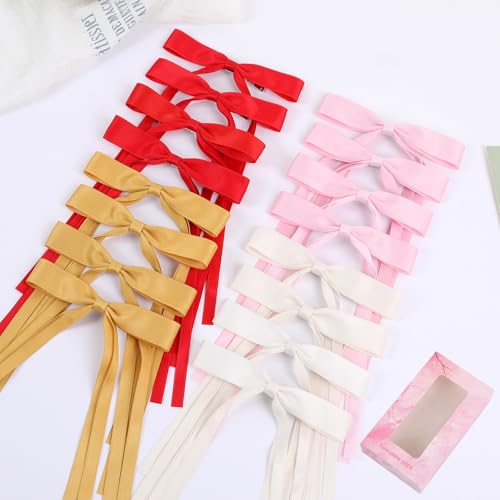 WORTL Hair Bows Clips Coquette Ribbon Bowknot with Long Tail Princess Hair Bows French Barrettes Hair Accessories for Women Girls 16PCS (red，Cream，Pink，Yellow) - color: red，Cream，Pink，Yellow
