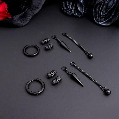 Sonateomber Gothic Silver Black Small Hoop Earrings for Women Men, Punk Hip Hop Engrave Beaded Goth Dangle Drop Earings Halloween Costumes Accessories Prom Fashion Jewelry Gift - color: Black Spike