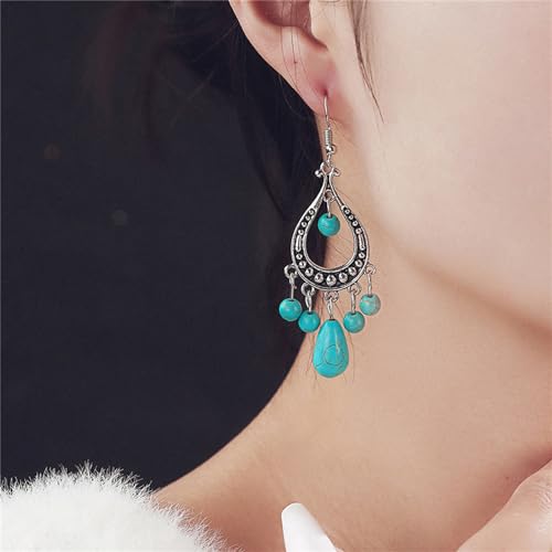 coadipress Bohemian Turquoise Beaded Tassel Earring for Women Ethnic Chandelier Boho Beads Earrings Hollow Out Turquoises Beaded Statement Earrings Ethnic Style Jewelry Gifts - color: Turquoise Beaded Tassel