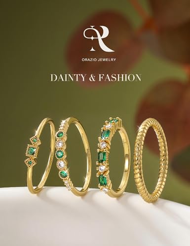 ORAZIO 14K Gold Plated Stackable Rings for Women Non Tarnish Dainty Cubic Zirconia Wedding Engagement Bands Ring Set Minimalist Trendy Statement Anniversary Promise Thumb Stacking Rings Size 6-10 - color: Green CZ-Gold Tone