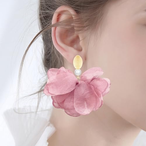 Handmade Fabric Flower Petal Fringe Dangle Drop Earrings Bohemian Floral Tassel Stud Earrings For Women - color: Pink