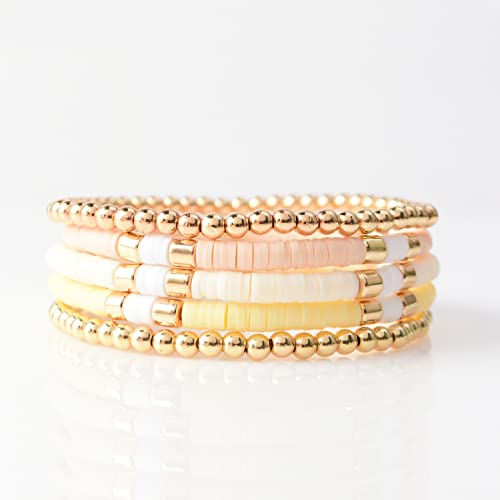 GOOJIDS Surfer Heishi Clay Bead Bracelets for Women Bohemian Stackable Gold Plated Beaded Stretch Bracelets Elastic Layering Friendship Bracelets Set Boho Jewelry - color: B-Beige Surfer Color & Gold Bead
