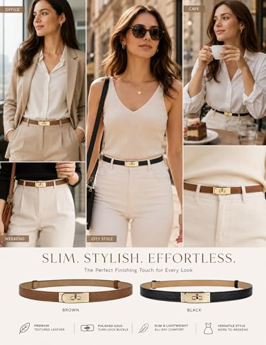 BEMYLV Skinny Belts for Women Dresses Turn-Lock Gold Buckle Adjustable Fashion Waist Belt for Pants Jeans Business Casual - color: Black+brown