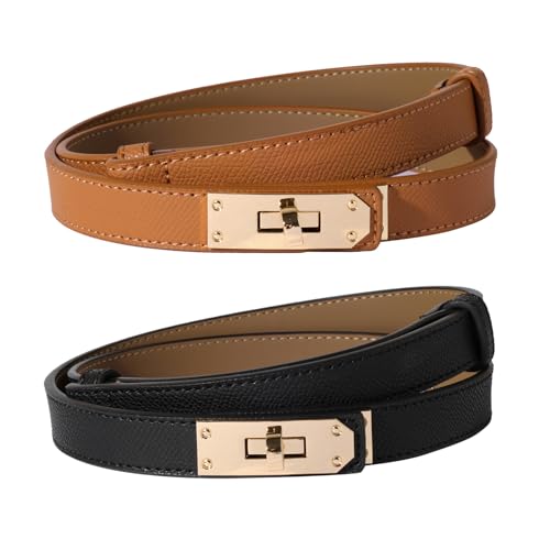 Ovekaut Women Skinny Leather Belt Solid Color Alloy Turn Lock Adjustable Waistband for Dresses Jeans Coats - color: Black+caramel