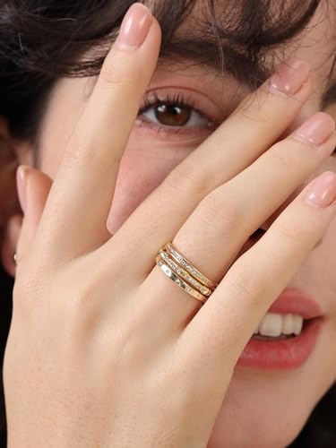 14K Gold Filled Rings for Women, Dainty Stacking Rings for Women, Thin Gold Band Ring Plain Statement Ring Comfort Fit Size 6-10 - color: Gold-CZ-3PCS