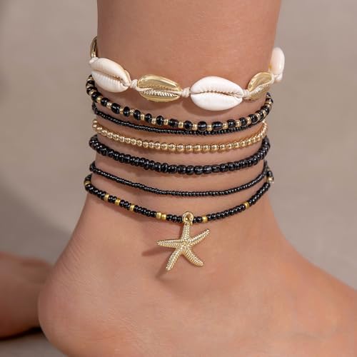 Shell Anklets Bracelet for Women Waterproof Surfer Starfish Bracelet Puka Shell Anklet Colorful Boho Stack Stretch Bead Bracelet Set Hawaii Summer Beach Vacation Foot Jewelry - color: Black