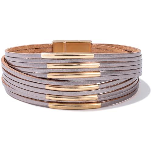 FANCY SHINY Boho Leather Bangle Bracelets Stackable Noodle Tube Bracelets Layered Wrap Cuff Bracelets with Magnetic Clasp - color: Grey