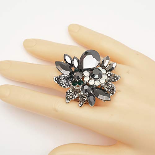 CSY Luxury Women's Austrian Crystal Leaves Flower Big Cocktail Statement Rings Stretch Adjustable Ring Jewelry Accessories - color: Black