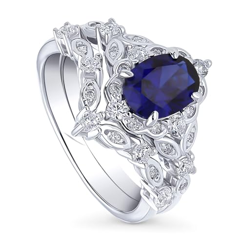 BERRICLE Sterling Silver CZ Halo Wedding Engagement Rings for Women, Oval Cut Cubic Zirconia, 1-3 Piece Sets, Pink/Blue/Clear - style: 2 Piece Set, Sapphire