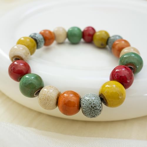 Handmade Multi-Color Faceted Ceramic Beads Bracelet for Women, Boho Stretch Bracelet with Oval Colorful Glazed Beads, Adjustable Bohemian Jewelry Gift for Mom Wife - color: big colorful
