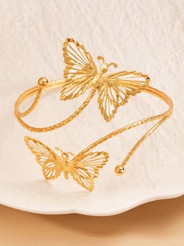 Gold Arm Cuff Bracelet Adjustable Upper Arm Cuff Bangle Butterfly Flower Bracelet Summer Beach Essentials Jewelry for Wome - style: gold butterfly
