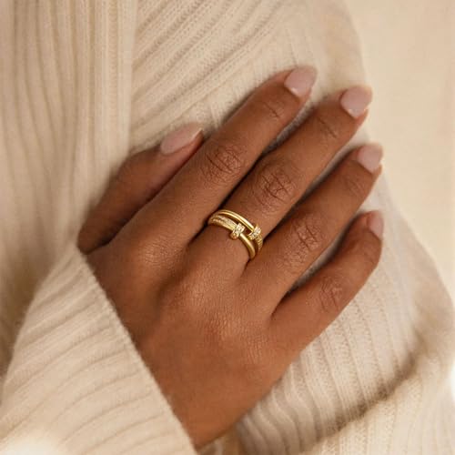 FISSEN JEWELRY Gold Rings for Women, Non Tarnish Dainty 14k Gold Plated Silver CZ Cross Ring Cute Cubic Zirconia Pinky Thumb Stackable Band Silver Finger Rings Size 6-10 Jewelry for Her - color: Gold Diamond Circle