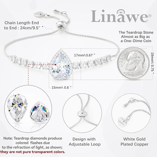 Linawe Crystal Imitation Diamond Rhinestone Charm Bracelets for Women, Gold/Silver/Rose Gold Adjustable Chain Bracelet, Teardrop Birthstone Cubic Zirconia Prom Costume Wedding Jewelry - color: Silver,April