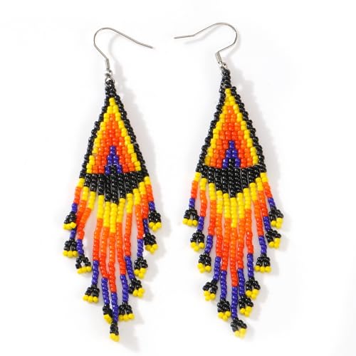 Bohemian Beaded Long Tassel Dangle Earrings for Women, Handmade Jewelry White Tarnish Resistant Lightweight Design, Stylish Accessory for Beach Vacation Party and Gift - color: Orange