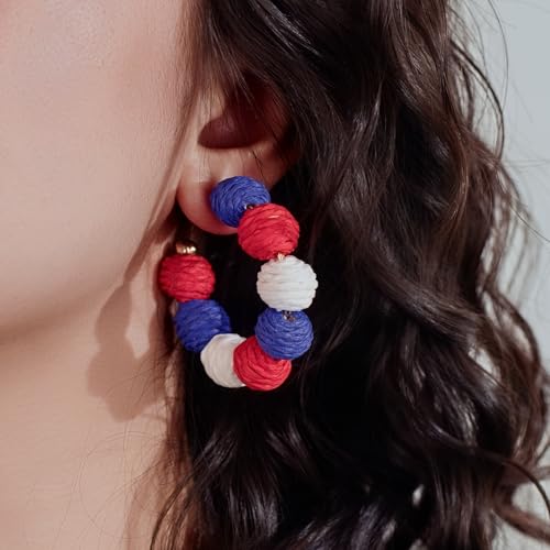 Raffia Hoop Earrings Statement Boho Beaded Earrings Cute Rattan Handmade Colorful Jewelry for Women Unique Summer Outfits - color: 4th of July