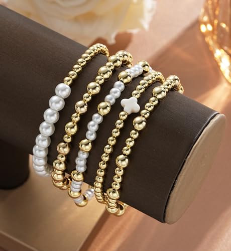 Gold Beaded Bracelets for Women, 14K Real Gold Plated Jewelry for Women Dainty Pearl Bead Bracelets Stack, Non Tarnish Trendy Stackable Ball Cross Stretch Bracelet Set Fashion Accessories Gifts - color: Gold white cross bead