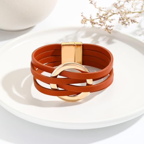 Circle Charm Leather Wrap Bracelet Bohemia Multilayer Leopard Handcrafted Layered Cuff Boho Multi-Chain Bracelet for Women Teen Holiday Jewelry - color: khaki