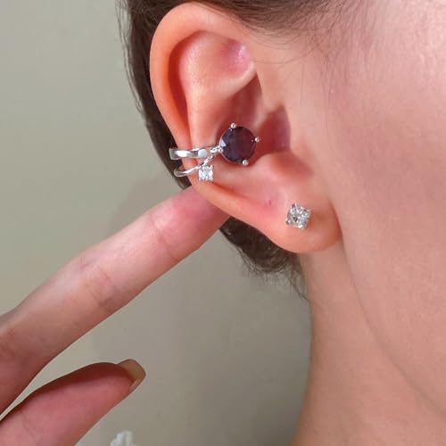 Cubic Zirconia Ear Cuff Non-Piercing CZ Clip on Earrings Round Crystal Stud Earrings Silver Cartilage Hypoallergenic Earrings Set Party Prom Jewelry for Women - color: Purple