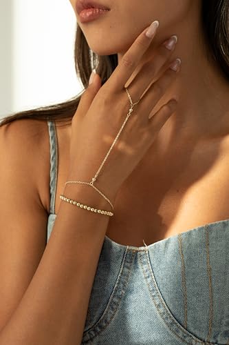 Risamil 14K Gold Plated Hand Chain Bracelets for Women Trendy, Dainty 2PCS Ring Bracelet Hand Chain Finger Bracelets Layered Stackable Link Bracelets for Women Jewelry Gifts for Women - color: BRBead