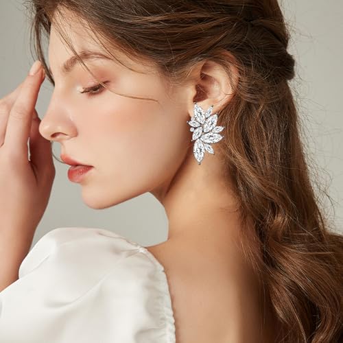 Bohemian Statement Sparkly Colourful Fancy Rhinestone Crystal Flower Dangle Drop Stud Earrings Vintage Wedding Bridal Prom Earrings for Women - color: White
