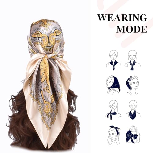 35 x 35 Women's Fashion Pattern Large Square Silk Like Hair Scarf Head Sleeping Wrap Satin Neck Bandana for Gift… - color: Garland Cashew Nuts-beige