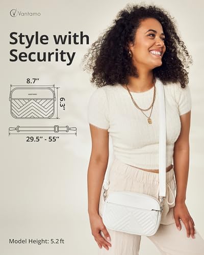 Vantamo Premium Quilted Crossbody Bags for Women with Anti-Pickpocket Clip, Vegan Leather Handbags, Travel Purses for Women - color: White With Faux Leather Strap
