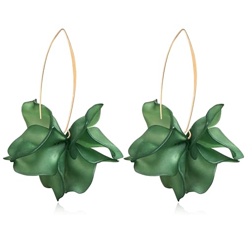Exaggerated Bohemian Resin Rose Flower Petal Dangle Drop Earrings Long Acrylic Tiered Floral Tassel Earring for Women - color: Dark Green