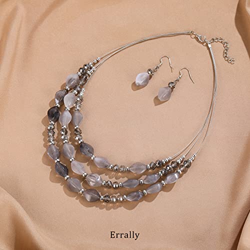 3 Layered Chunky Statement Necklace for Women Beaded Strand Necklaces with Earring Fashion Costumes Collar Necklace Jewelry Sets Gifts for Women - color: Grey