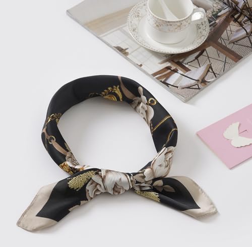 CHUNG Women's Scarf Hair Bandanas Square 27.5" Satin Wrap Fashion Pattern Scarves Emulation Silk Handbag Ribbons Necktie - color: Black Flower-30#