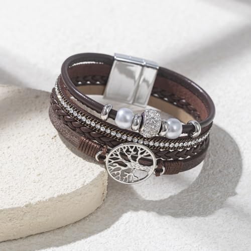 FANCY SHINY Tree of Life Leather Wrap Bracelets Boho Pearl Rhinestone Bead Braided Bracelet with Magnetic Closure Inspirational Spiritual Jewelry Gift for Women