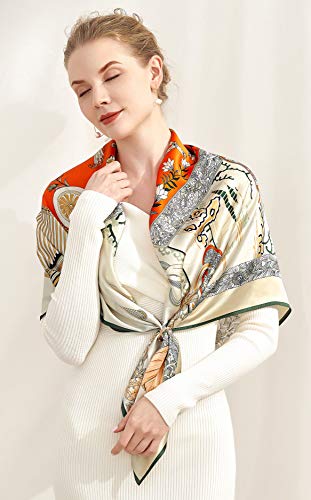 100% Silk Scarves, Extra-Large and XX-Large - color: Emperor's Phoenix, Ivory W Green Trim