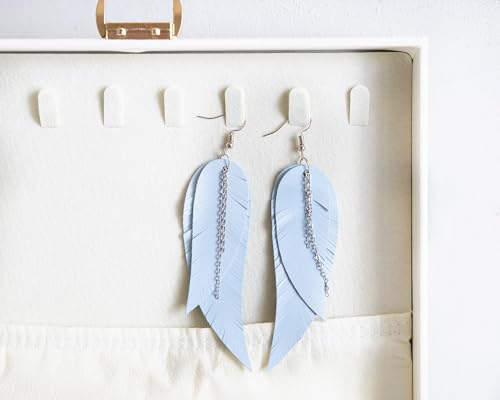 Black shiny Leather Feather Earrings for Women, Lightweight Minimal Boho Dangle Earrings, Small Simple Everyday Jewelry - color: baby blue