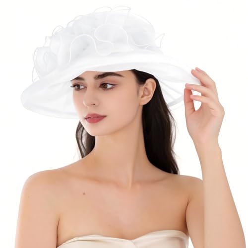 Women's Kentucky Derby Church Dress Hat Wide Brim Leaf Flower Bridal Shower Hat - color: G1-white